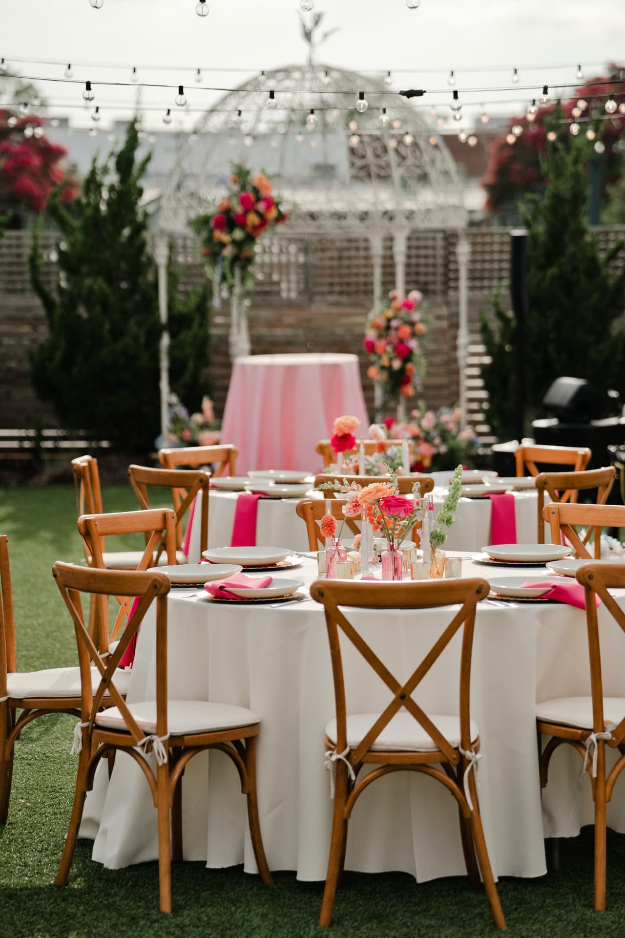 Garden reception tables with bright linens